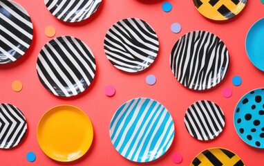 Levitating colorful dinner plates with bold patterns on a bright background