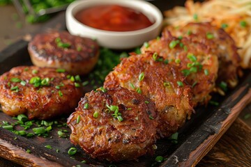 A platter of crispy sausage patties with tomato sauce