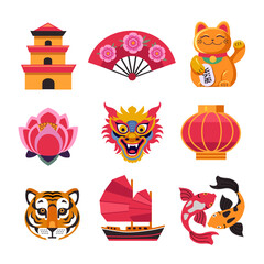 set of chinese  vector flat icons