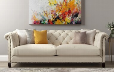 Luxurious cream-colored sofa in a bright and airy interior with neutral tones and abstract artwork