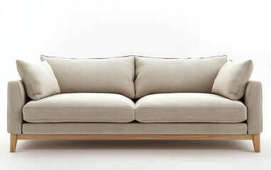 Clean modern sofa in a well-lit room with neutral tones, light wood accents, and soft cushions