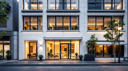 Fototapeta premium Mini Hotel Facade in City Center with Glass Windows and Warm Lighting