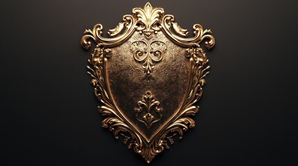 Ornate golden shield emblem on dark background.