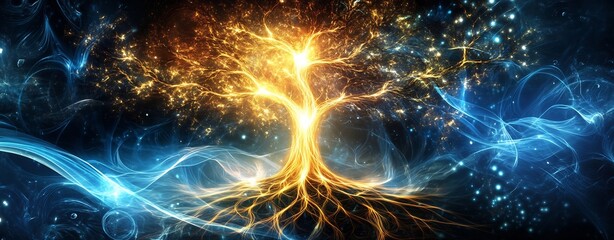 Obraz premium Glowing cosmic tree symbolizing energy transformation and growth in the universe long title This digital artwork depicts a majestic glowing tree like