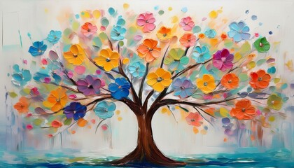 Generated image Tree with colorful flowers. Wall art for kid's room. Printable digital oil painting