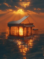 Grand piano floats on calm sea at sunset, sun rays illuminate scene.