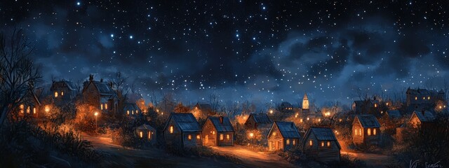 Obraz premium Village with cozy homes under starry night sky. Christmas, New Year, holiday season concept. Cute town for festive greeting cards, posters, banners
