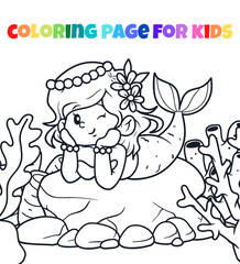 Cute mermaid girl outline coloring page vector illustration