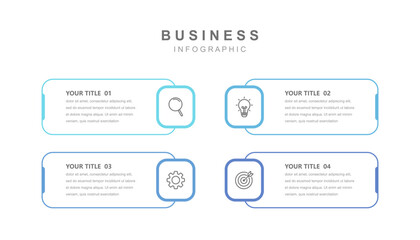 Timeline infographic template, business information with 4 options and icons for workflow, presentation and data visualization. web design vector.