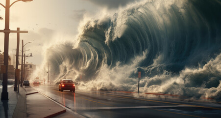 tsunami wave crashing towards a city street, with cars fleeing in chaos under stormy skies, capturing nature's raw power and catastrophic force