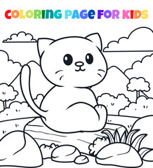 Cat outline coloring page animal vector illustration with forest background