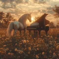 Majestic white horse stands beside a grand piano in a sun-drenched field of flowers at sunset.
