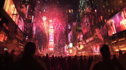 A photo-realistic depiction of a New Year's Eve ball drop in Times Square, with the crowd's excitement palpable, set against the iconic backdrop.