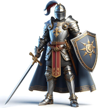 3D character of a medieval knight in shining armor and sword isolated