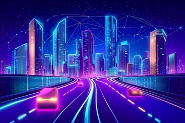 Futuristic Cityscape at Night with Glowing Skyscrapers Neon Lights and Flowing Traffic on Elevated Roads