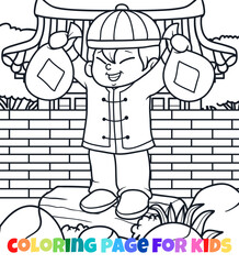 Chinese boy handles bundle of coins outline coloring page vector illustration