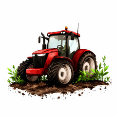 Fototapeta premium red tractor in field with green plants growing around it, showcasing agricultural machinery in action. This illustration captures essence of modern farming