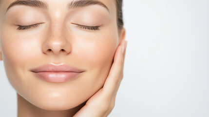 Obraz premium Close-up of a woman with glowing and flawless skin, eyes closed with a serene smile