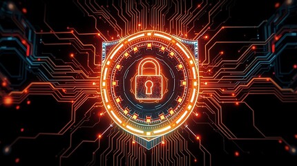 Digital Cybersecurity Protection Shield with Futuristic Lock Interface