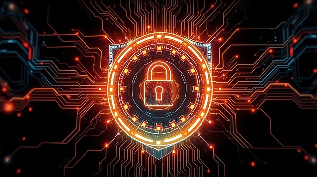 Digital Cybersecurity Protection Shield with Futuristic Lock Interface