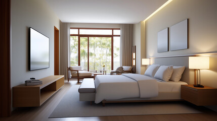 Modern bedroom with stylish and cozy decor featuring warm lighting