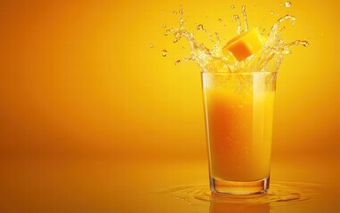 Freshly poured mango juice floating in a glass with a splash effect