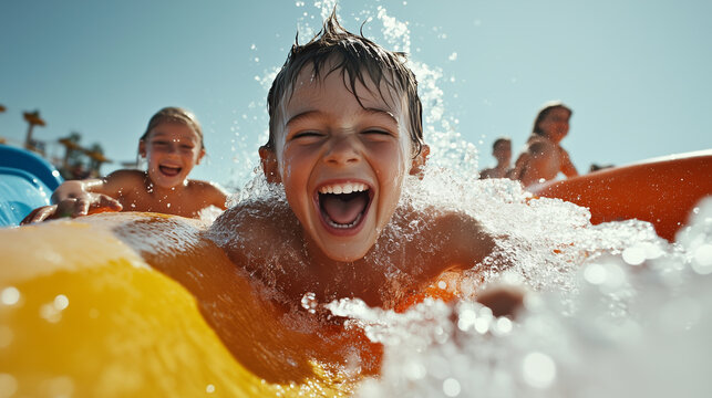 Happy kids splashing on a waterslide at an aqua park during summer