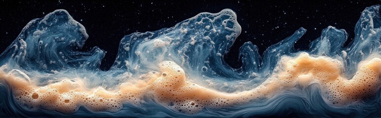 Abstract foam wave texture in blue and beige on a black background.