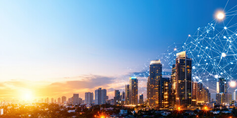 Obraz premium vibrant city skyline at sunset, showcasing modern architecture and technology