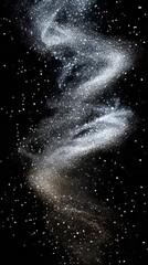 Obraz premium Alpha particles create a mystical and beautiful swirling pattern in the dark night sky with a powdery blizzard of shimmering silver and black organic particles. 