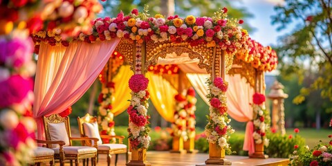Fototapeta premium Tilt-Shift Indian Wedding Mandap: Floral Arch, Traditional Decor - Stock Photo