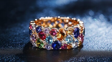A colorful gemstone ring with a gold band on a dark blue background.