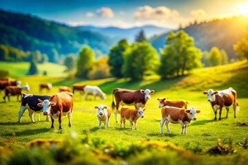 Fototapeta premium Tilt-Shift Miniature Cow Herd Photography: Adorable Dairy Cattle in Pastoral Scene