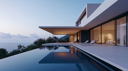 Fototapeta premium Stunning modern minimalist cubic villa exterior with a swimming pool