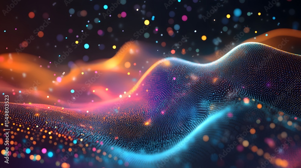 Poster dynamic colorful particle motion abstract digital space visual art digital environment aesthetic vie
