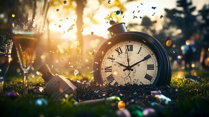 A conceptual image of a time capsule being buried, with items symbolizing current trends and predictions for the future, set in a park during a New Year's Day event.