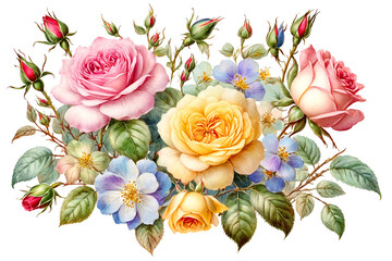 A collection of colorful roses and tiny flowers on a white background - Generative AI