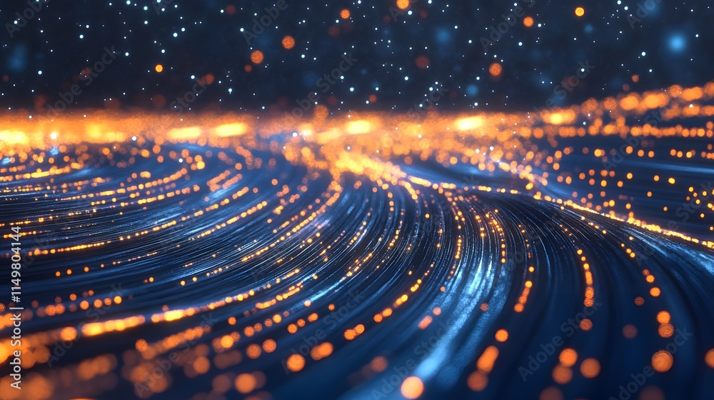 Poster dynamic flow of particles and light abstract digital scene visual art dark background close-up energ