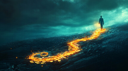 A glowing stethoscope shaped like a pathway of coins, leading toward a horizon filled with promise, with a figure following the trail. 