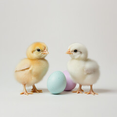 Fototapeta premium Two baby chicks with pastel Easter eggs on white background