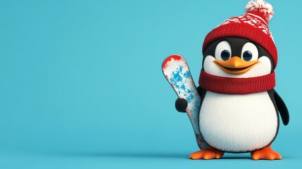 Fototapeta premium A happy cartoon penguin wears a red hat and scarf and holds a snowboard.