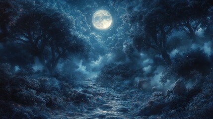Fototapeta premium Moonlit forest path, mystical, serene, night.