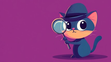 Obraz premium A cartoon cat wearing a hat and holding a magnifying glass is looking at the camera. The background is purple.