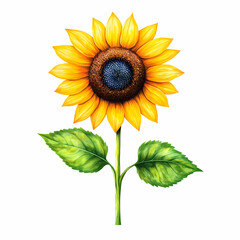 Fototapeta premium vibrant sunflower with bright yellow petals and dark center, surrounded by green leaves, symbolizes warmth and positivity. This floral element adds decorative touch to any design