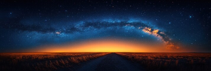 Obraz premium Panoramic sunset landscape with the Milky Way galaxy arching over a rural road.