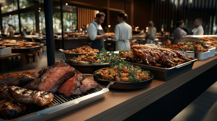 Obraz premium Buffet service with grilled meat and diverse dishes at a festive event