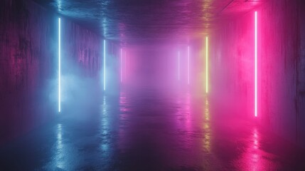 Neon lights illuminate a dark, smoky corridor.