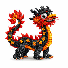 Fototapeta premium vibrant dragon dance performer with colorful scales and flowers, showcasing festive elements and cultural significance. This lively character embodies joy and celebration