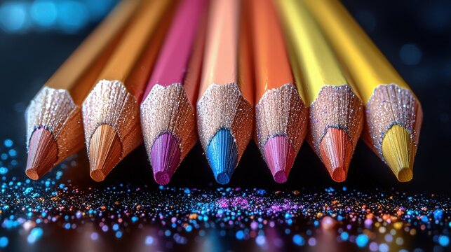 Colorful pencils arranged in a vibrant line against a glittery background