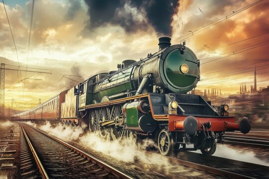 Vintage steam locomotive travels through a sunset landscape in an urban setting